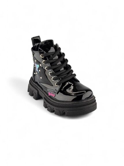 Botín de charol negro para niña con cordones y suela antideslizante - Titinos Ref 6782-686