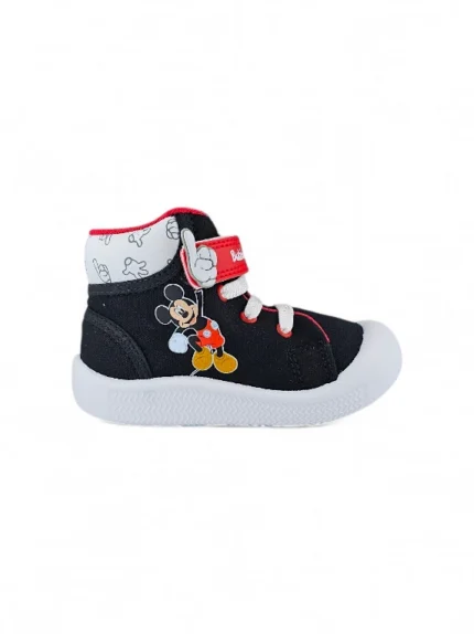 botín para niño con velcro y banda elástica diseño Mickey en color negro y rojo marca Bubblegummers
