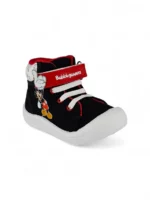 botín para niño con velcro y banda elástica diseño Mickey en color negro y rojo marca Bubblegummers