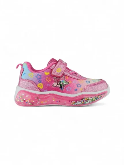 tenis con luces para niña en color fucsia con diseño de estrella marca Titinos